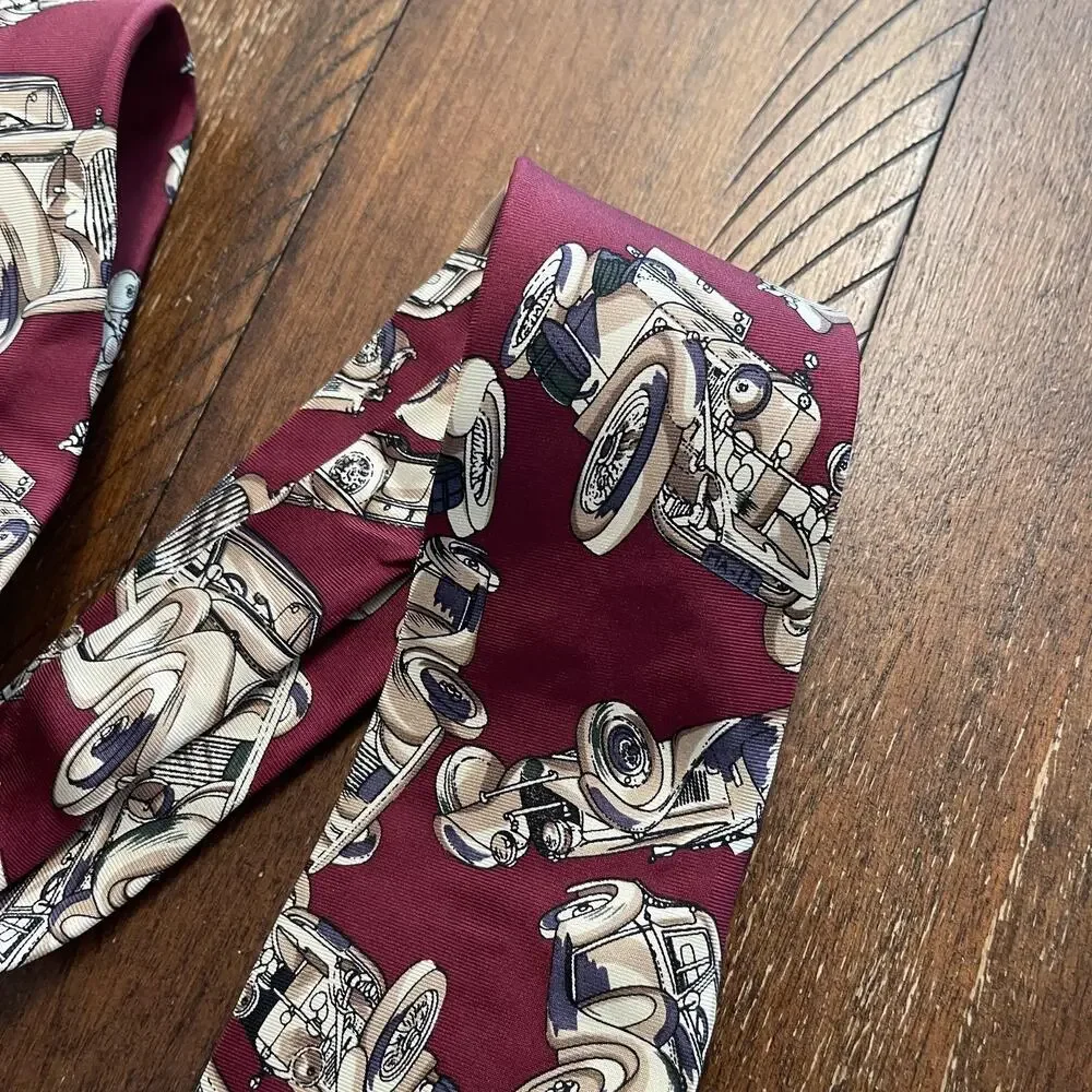 Christian Dior Tie Mens One Size Red Silk Classic Car Print Made USA Necktie
